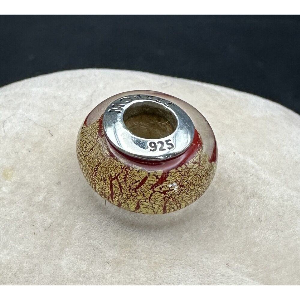 925 Sterling MORESS Glass Charm Bead Murano Italy Red Gold Crackle Design